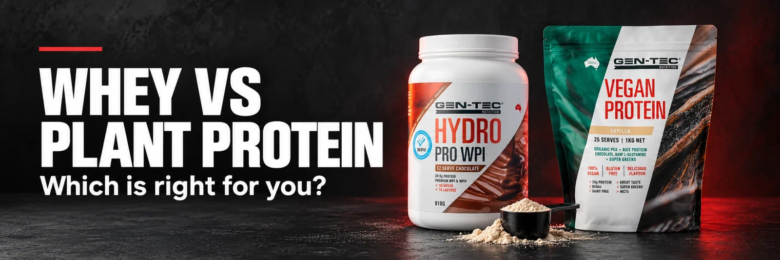 Gen-Tec Hydro Pro WPI Chocolate and Complete Vegan Protein Vanilla side by side.